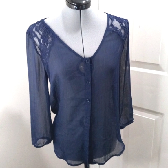 Charlotte Russe Navy Sheer W/Lace Sholders  Size Med - Picture 2 of 6